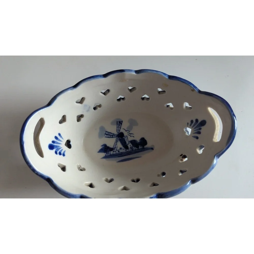 Delft Blue Style Ceramic Trinket Bowl Heart Cutouts Windmill Blue White Oval